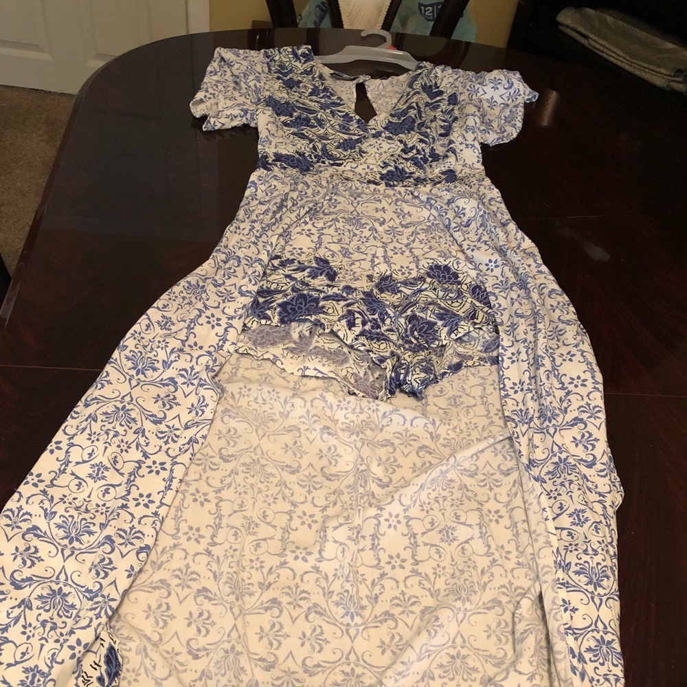 Blue and white floral romper